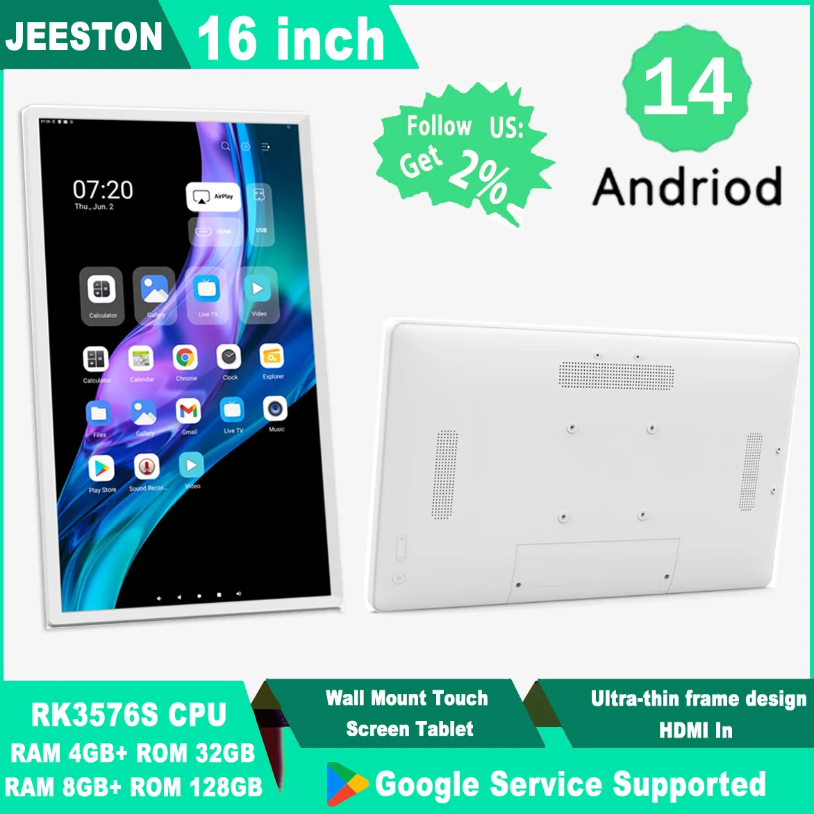 16-дюймовый планшет 1920*1200 Android 13 POE, настенный белый монитор HDMI IN, тонкий рекламный ТВ, видеоплеер FHD
16-дюймовый планшет 1920*1200 Android 13 POE, настенный белый монитор HDMI IN, тонкий рекламный ТВ, видеоплеер FHD