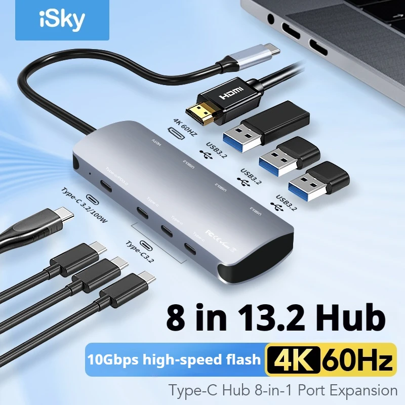 Док-станция iSky 8-в-1 типа C, высокоскоростной концентратор USB-C 10 Гбит/с с портом 4K HDMI USB Gen2 PD100W, быстрая зарядка для портативных ПК
Док-станция iSky 8-в-1 типа C, высокоскоростной концентратор USB-C 10 Гбит/с с портом 4K HDMI USB Gen2 PD100W, быстрая зарядка для портативных ПК
