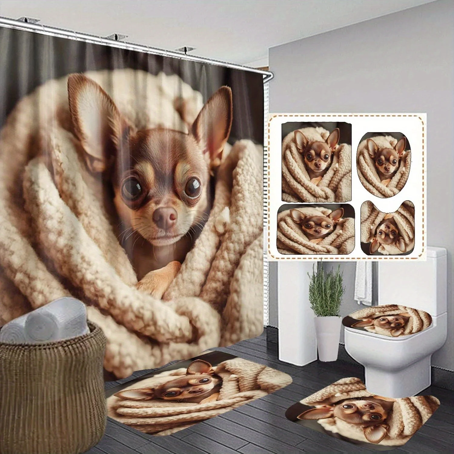 Cute Chihuahua in Blanket Bathroom Set:Waterproof Shower Curtain,Soft Contour Rug,Stylish Toilet Lid Cover, Non-Slip Bathtub Mat
Cute Chihuahua in Blanket Bathroom Set:Waterproof Shower Curtain,Soft Contour Rug,Stylish Toilet Lid Cover, Non-Slip Bathtub Mat