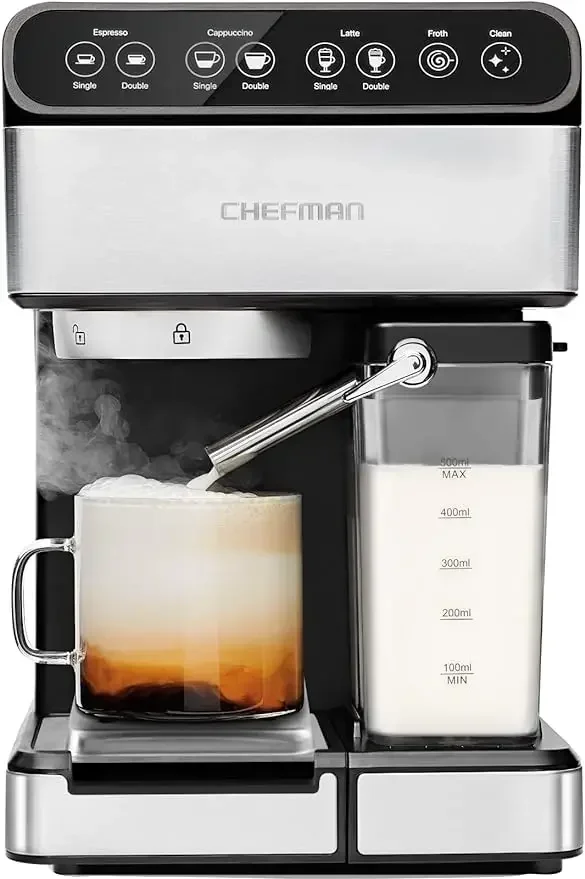 Chefman 6-in-1 Espresso Machine with Built-In Milk Frother, 15-BAR Pump, Digital Display, One-Touch Single or Double Shot for
Chefman 6-in-1 Espresso Machine with Built-In Milk Frother, 15-BAR Pump, Digital Display, One-Touch Single or Double Shot for