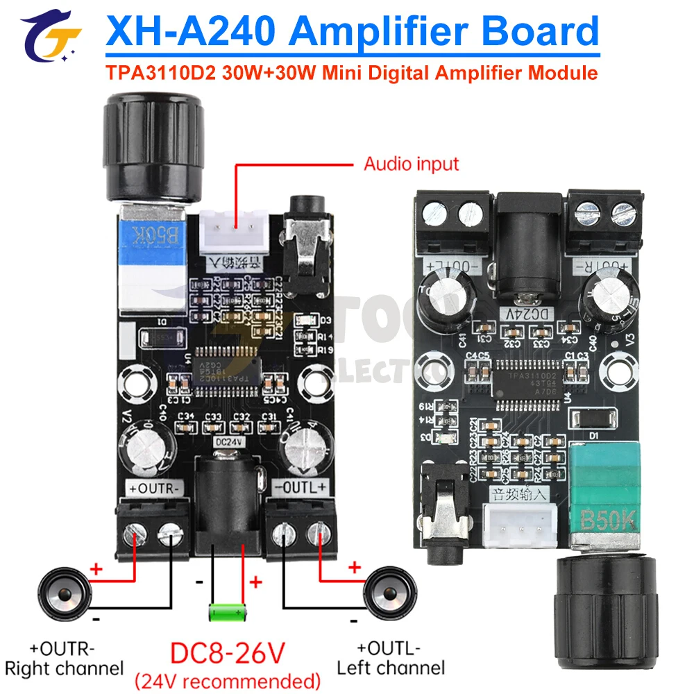 XH-A240 Mini Digital Amplifier Board DC8-26V Universal HD TPA3110D2 30W+30W Digital Audio Power Amplifier Board Amp Module
XH-A240 Mini Digital Amplifier Board DC8-26V Universal HD TPA3110D2 30W+30W Digital Audio Power Amplifier Board Amp Module