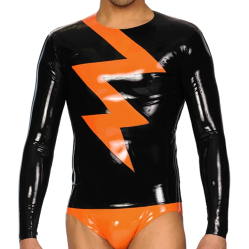 Black and Orange Sexy Latex Shirt with Lightning Trims Round Collar Rubber Top Clothing for Men (no briefs)
Black and Orange Sexy Latex Shirt with Lightning Trims Round Collar Rubber Top Clothing for Men (no briefs)