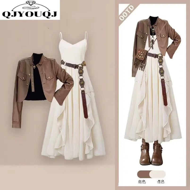 Fashion Women's Set Spring and Autumn New Meilad Leather Jacket Coat Fashion Strap Dress Two Piece Set
Fashion Women's Set Spring and Autumn New Meilad Leather Jacket Coat Fashion Strap Dress Two Piece Set