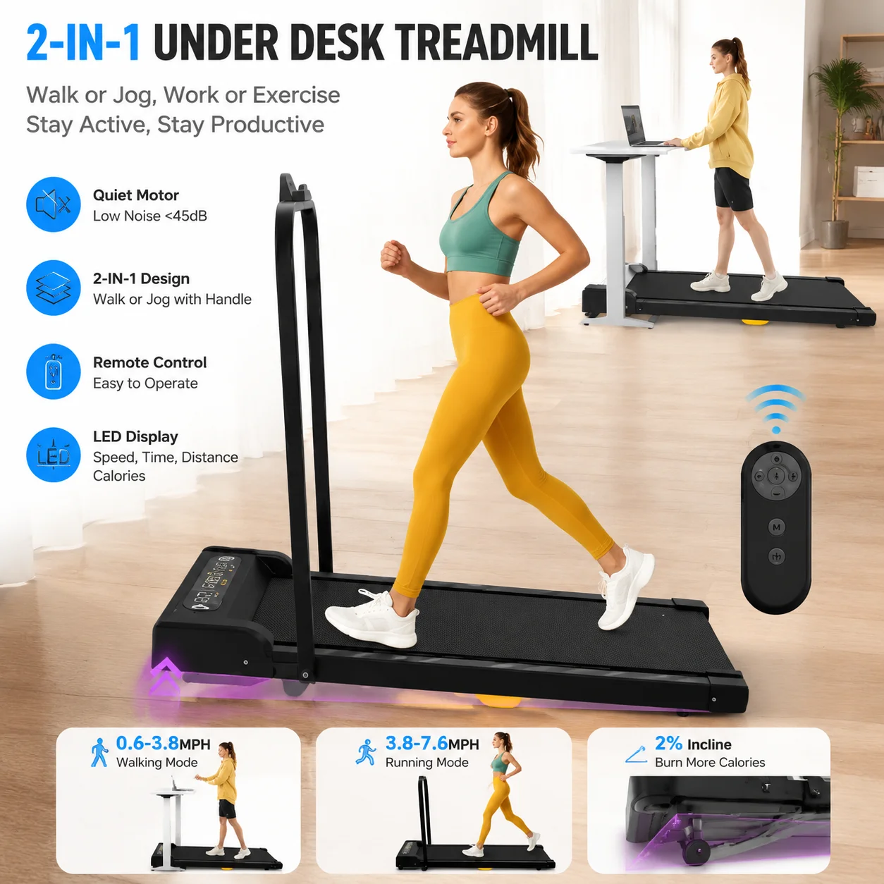 2 in 1 Under Desk Treadmill Portable Walking Pad Folding Treadmill with Handle 2.5HP Quiet Motor Remote Control LED Display Home Office Walking Jogging Machine 265lbs Capacity Shock Absorption Anti-Slip Belt Indoor Fitness Equipment Black
2 in 1 Under Desk Treadmill Portable Walking Pad Folding Treadmill with Handle 2.5HP Quiet Motor Remote Control LED Display Home Office Walking Jogging Machine 265lbs Capacity Shock Absorption Anti-Slip Belt Indoor Fitness Equipment Black