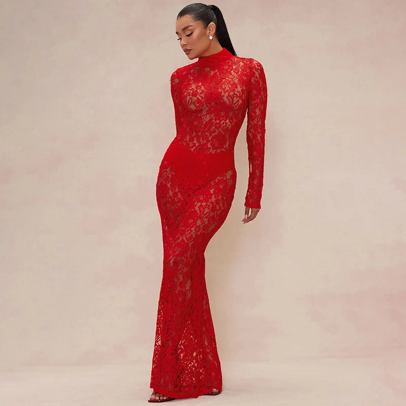 Lace Mesh High Collar Maxi Dress for Women Sexy See Through Dresses Chic Fashion Slim Long Sleeve Party Club Outfit Evening Gown
Lace Mesh High Collar Maxi Dress for Women Sexy See Through Dresses Chic Fashion Slim Long Sleeve Party Club Outfit Evening Gown