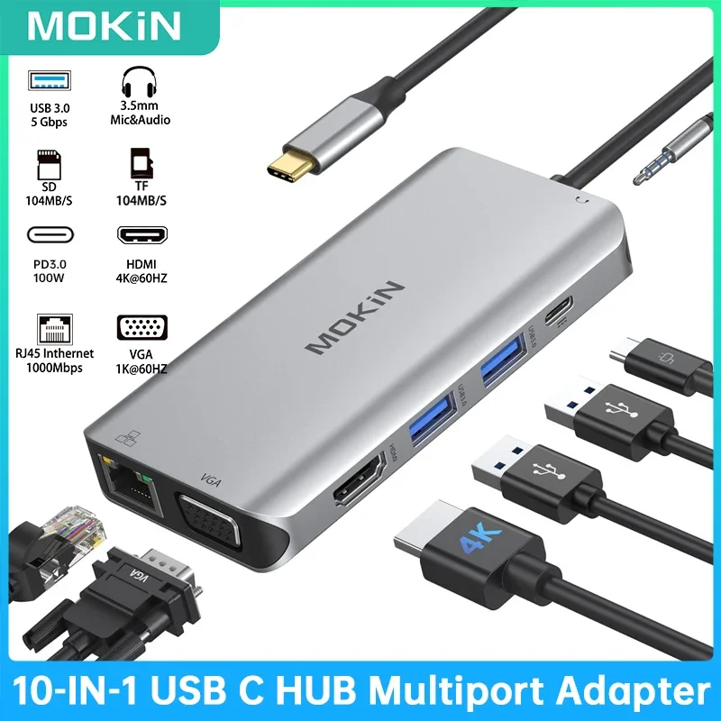 MOKiN 10 in 1 USB C Hub Multiport Adapter HDMI Ethernet VGA 100W PD USB 3.0 USB C Docking Station for MacBookPro/Dell/Hp/Lenovo
MOKiN 10 in 1 USB C Hub Multiport Adapter HDMI Ethernet VGA 100W PD USB 3.0 USB C Docking Station for MacBookPro/Dell/Hp/Lenovo
