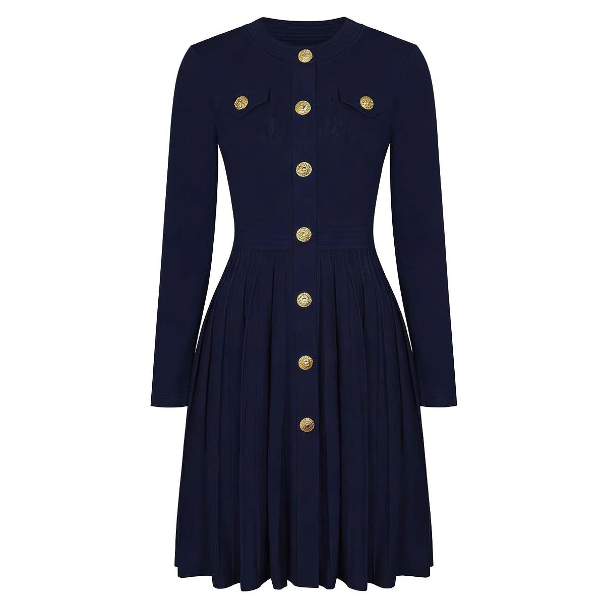 Women High Quality Spring Autumn Knitted Dress Gold Buckle Slim Fit Pleated Round Neck Long Sleeve Fashion Commuter Dress
Women High Quality Spring Autumn Knitted Dress Gold Buckle Slim Fit Pleated Round Neck Long Sleeve Fashion Commuter Dress
