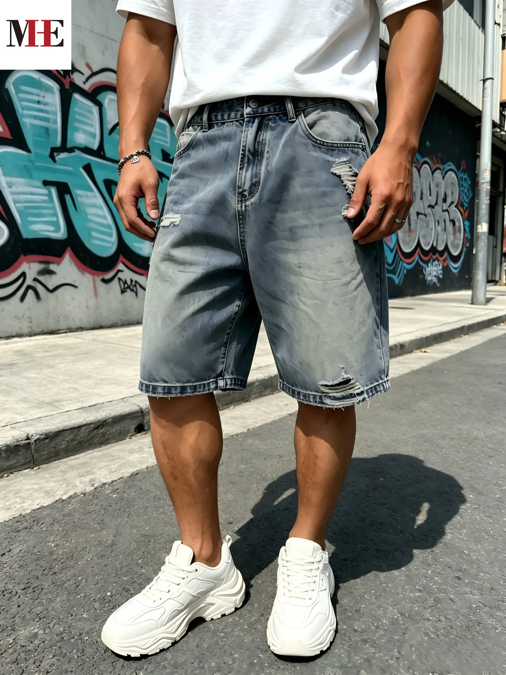 HME Men's Blue Denim Pants, Knee-Length Shorts with Moderate Rips, Whisker & Elastic Waist
HME Men's Blue Denim Pants, Knee-Length Shorts with Moderate Rips, Whisker & Elastic Waist