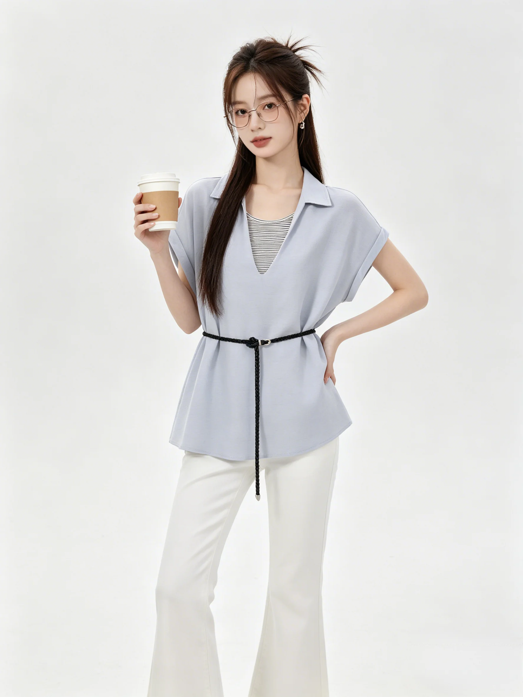 Light Blue Korean Design Short Sleeve Shirt Waist Cinched Plaid Collar Top Commute Style Summer New Arrival Women's Shirt
Light Blue Korean Design Short Sleeve Shirt Waist Cinched Plaid Collar Top Commute Style Summer New Arrival Women's Shirt
