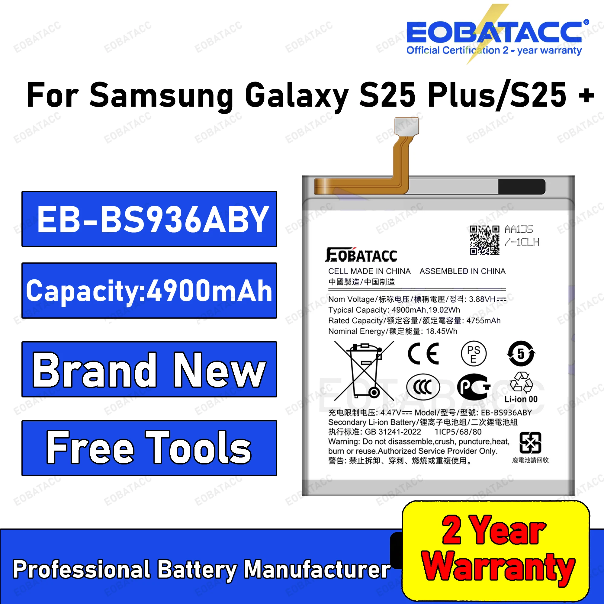 2025 Years EOBATACC 100% New 4900mAh EB-BS936ABY For Samsung Galaxy S25plus, S936B, S936N, S936E, S936W, S936U,S9360 +Free Tools
2025 Years EOBATACC 100% New 4900mAh EB-BS936ABY For Samsung Galaxy S25plus, S936B, S936N, S936E, S936W, S936U,S9360 +Free Tools