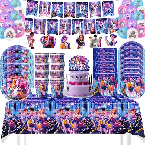 K Pop Birthday Party Decoration Tableware Set - Napkin Tablecloth Banner Paper Plates Slap Bracelets Stamps Baby Shower Supplies