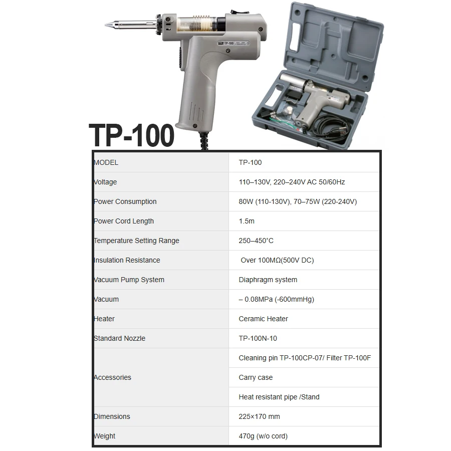 GOOT Portable Desoldering Gun 250–450˚C Heated Desoldering Iron for Assembling Circuit Boards with Replacement Pump NO.TP-100
GOOT Portable Desoldering Gun 250–450˚C Heated Desoldering Iron for Assembling Circuit Boards with Replacement Pump NO.TP-100