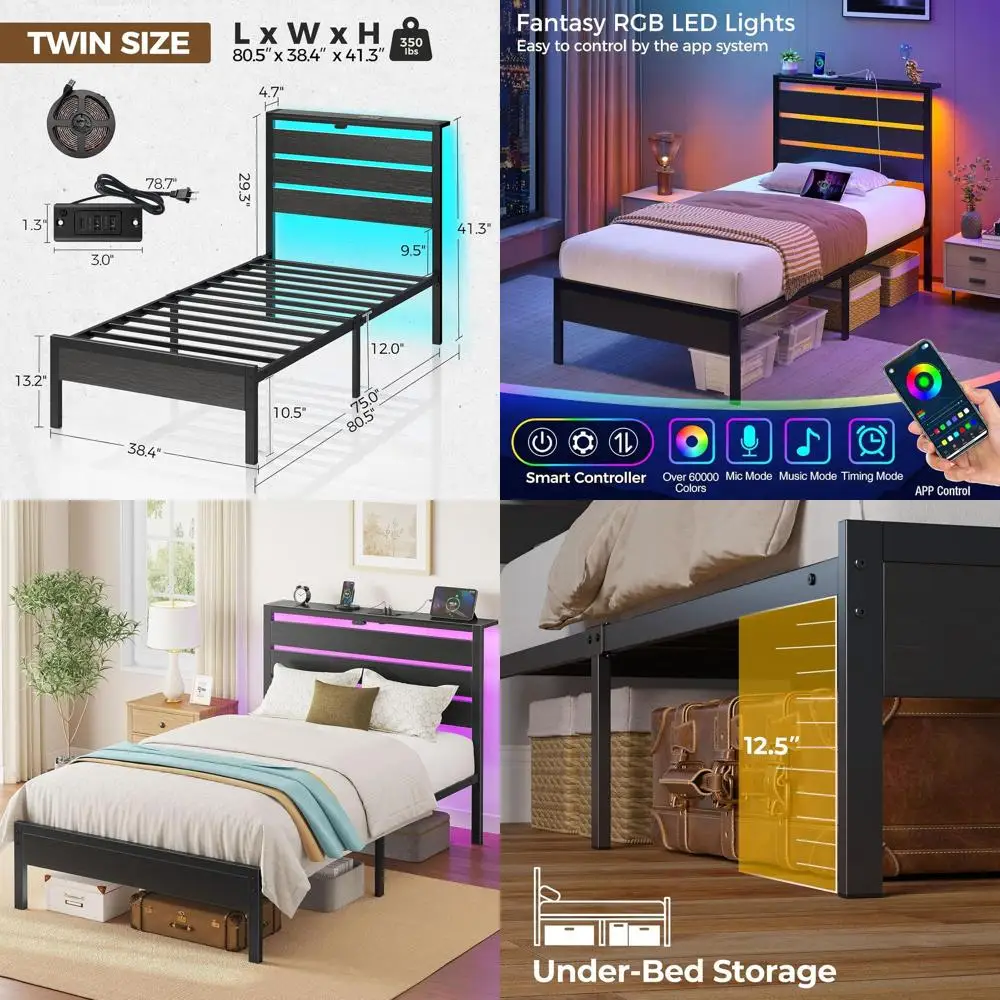 Twin Size Bed Frame with USB Ports, LED Wood Headboard, Storage Under Bed, No Box Spring, Silent Metal Platform
Twin Size Bed Frame with USB Ports, LED Wood Headboard, Storage Under Bed, No Box Spring, Silent Metal Platform