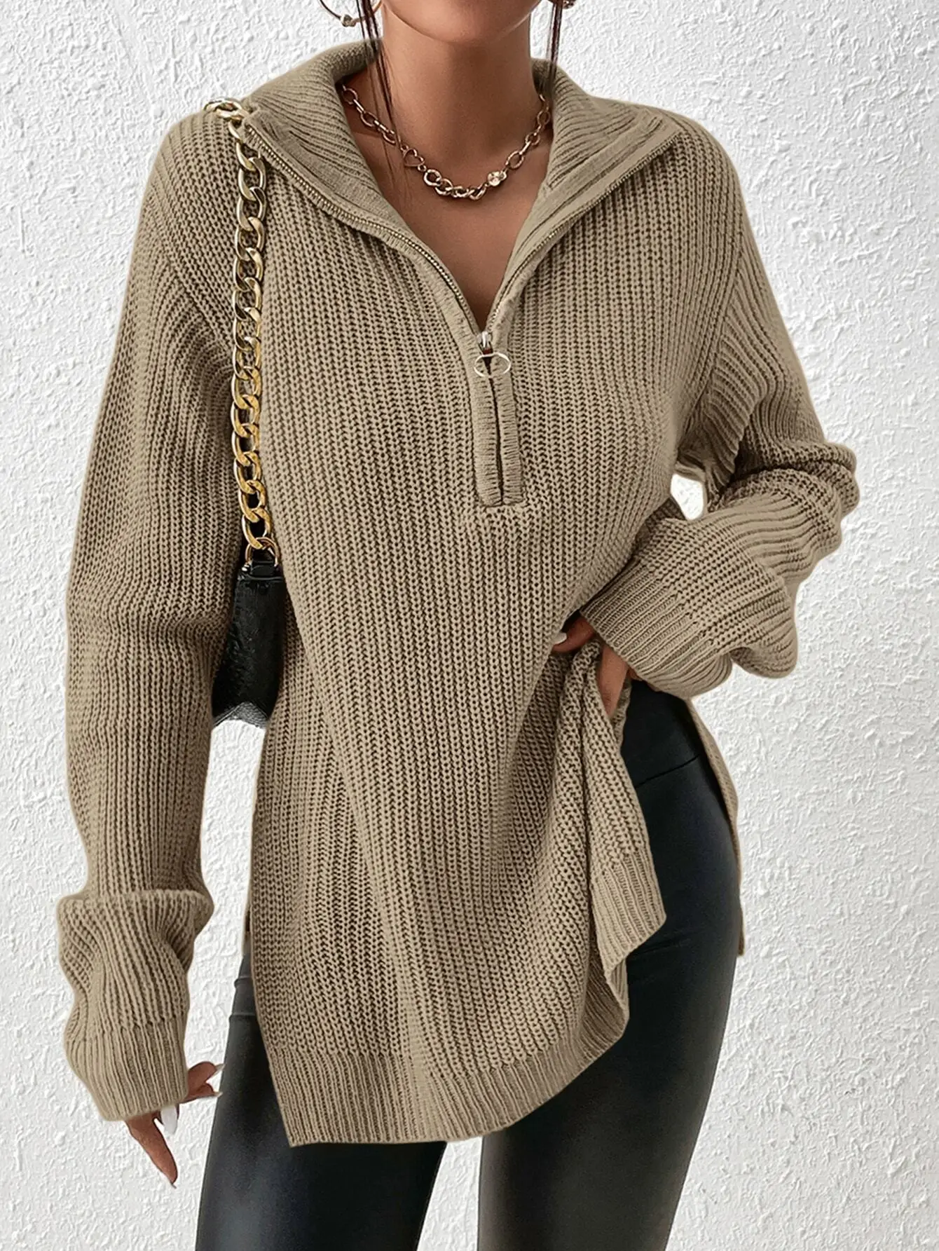 Women's Half Zip Drop Shoulder Knit Sweater with Split Hem, Long Sleeve Casual Pullover for Fall Winter
Women's Half Zip Drop Shoulder Knit Sweater with Split Hem, Long Sleeve Casual Pullover for Fall Winter