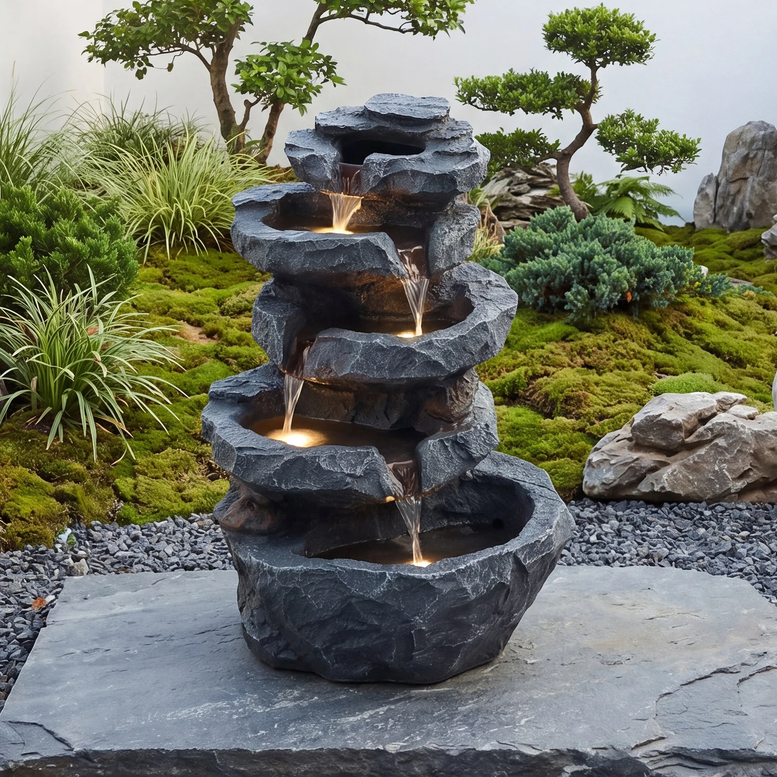 5-Tier Cascading Rock Outdoor Water Fountain with 4 LED Lights, 21.6" High Cascading Waterfall Fountain with Whisper-Quiet Pump, Featuring Natural Stone Look for Garden, Patio, Yard, Grey
5-Tier Cascading Rock Outdoor Water Fountain with 4 LED Lights, 21.6" High Cascading Waterfall Fountain with Whisper-Quiet Pump, Featuring Natural Stone Look for Garden, Patio, Yard, Grey