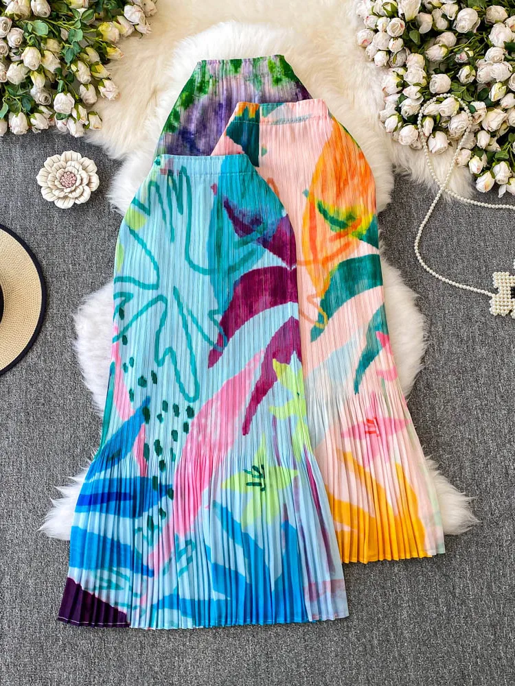 Korobov Корейские весенне-летние плиссированные длинные юбки с высокой талией и принтом 
Korobov Корейские весенне-летние плиссированные длинные юбки с высокой талией и принтом