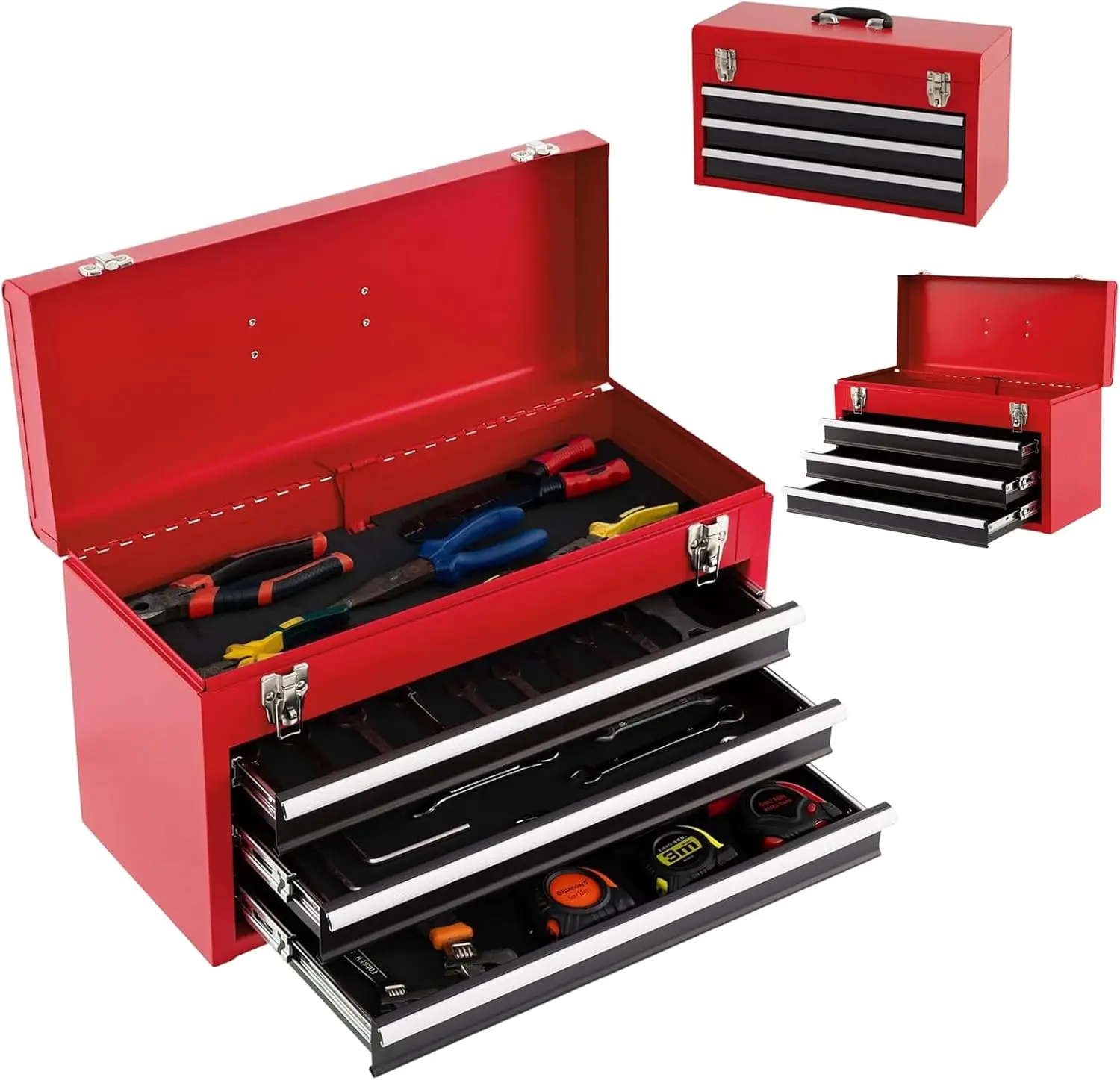 Portable Metal Tool Box with 3 Drawers, Lockable Heavy Duty Chest for Garage Workshop Storage (Black+Red)
Portable Metal Tool Box with 3 Drawers, Lockable Heavy Duty Chest for Garage Workshop Storage (Black+Red)