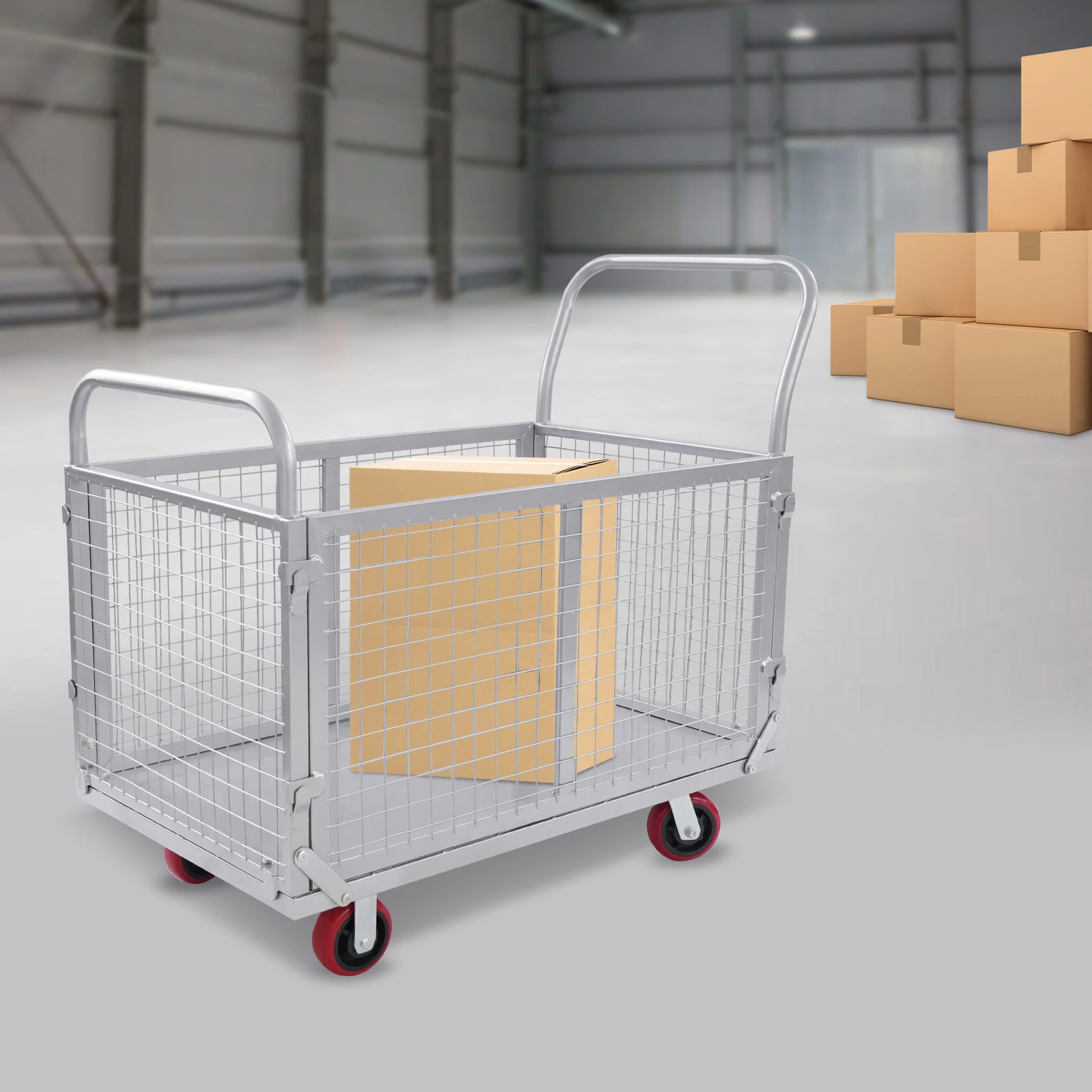 Foldable Push Cart with Removable Mesh Fence, Detachable Guardrail Utility Wagon, Multi Functional Hand Truck for Warehouse
Foldable Push Cart with Removable Mesh Fence, Detachable Guardrail Utility Wagon, Multi Functional Hand Truck for Warehouse