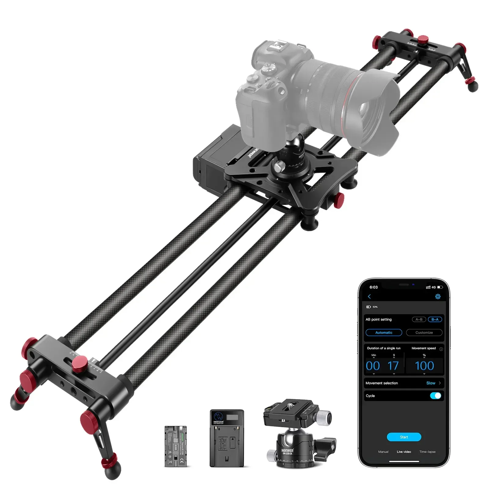 NEEWER 47.2”/120cm Motorized Camera Slider, App Wireless Control Carbon Fiber Dolly Rail Slider, Support Video Mode
NEEWER 47.2”/120cm Motorized Camera Slider, App Wireless Control Carbon Fiber Dolly Rail Slider, Support Video Mode