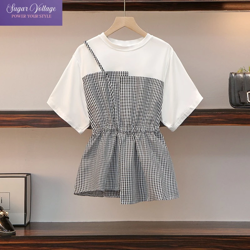 Plus Size Patchwork Fake Two Piece T Shirt For Women Summer Slimming Waist Design Korean Style Short Sleeve Casual Tops Outfit
Plus Size Patchwork Fake Two Piece T Shirt For Women Summer Slimming Waist Design Korean Style Short Sleeve Casual Tops Outfit