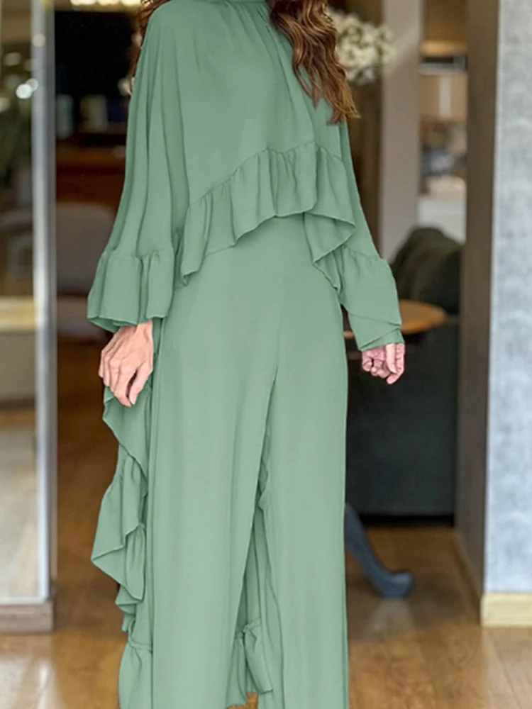 Women Fashion Commuting Loose Office Outfits Casual Wide Leg Solid 2Pc Suit Elegant Cape Sleeve Ruffled Pullover + Long Pant Set
Women Fashion Commuting Loose Office Outfits Casual Wide Leg Solid 2Pc Suit Elegant Cape Sleeve Ruffled Pullover + Long Pant Set