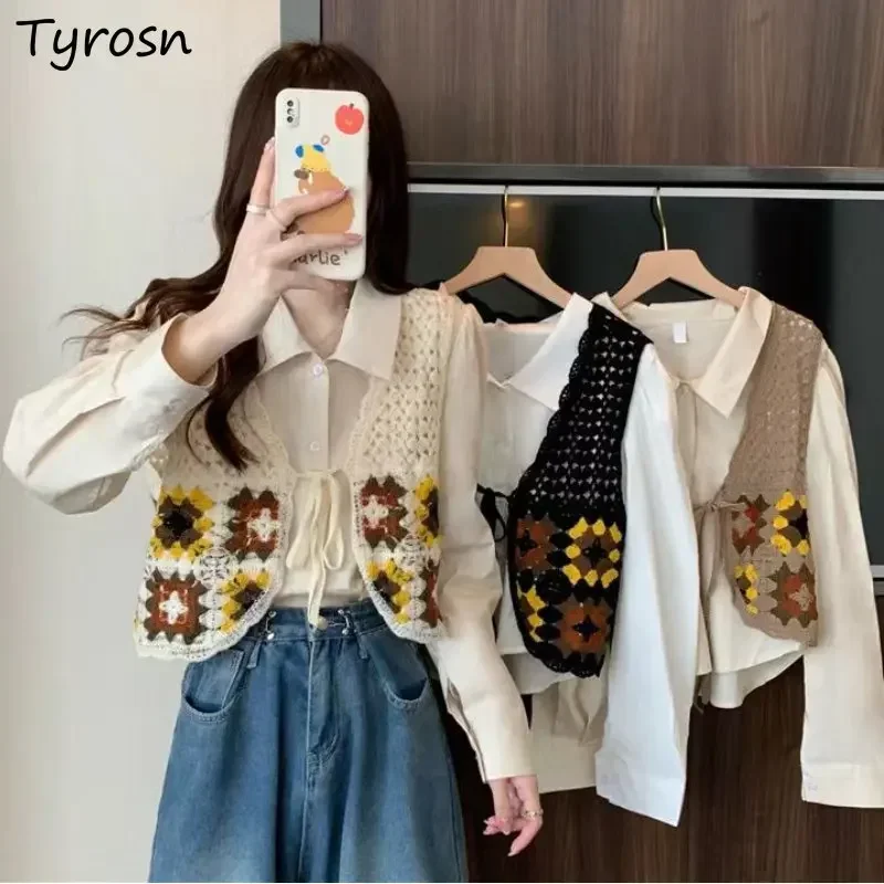 Vests Sets Women Hollow Out Design Daily Casual Retro Elegant Sweet Shirts Simple Korean Style Stylish All-match Spring Literary
Vests Sets Women Hollow Out Design Daily Casual Retro Elegant Sweet Shirts Simple Korean Style Stylish All-match Spring Literary