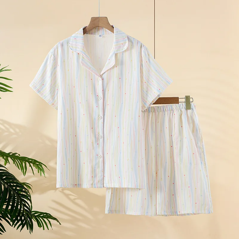 Summer Double-layer Gauze Cotton Women's Pajamas Short-sleeved Shorts Printing Thin Cardigan Loungewear Set Lapel Nightwears
Summer Double-layer Gauze Cotton Women's Pajamas Short-sleeved Shorts Printing Thin Cardigan Loungewear Set Lapel Nightwears
