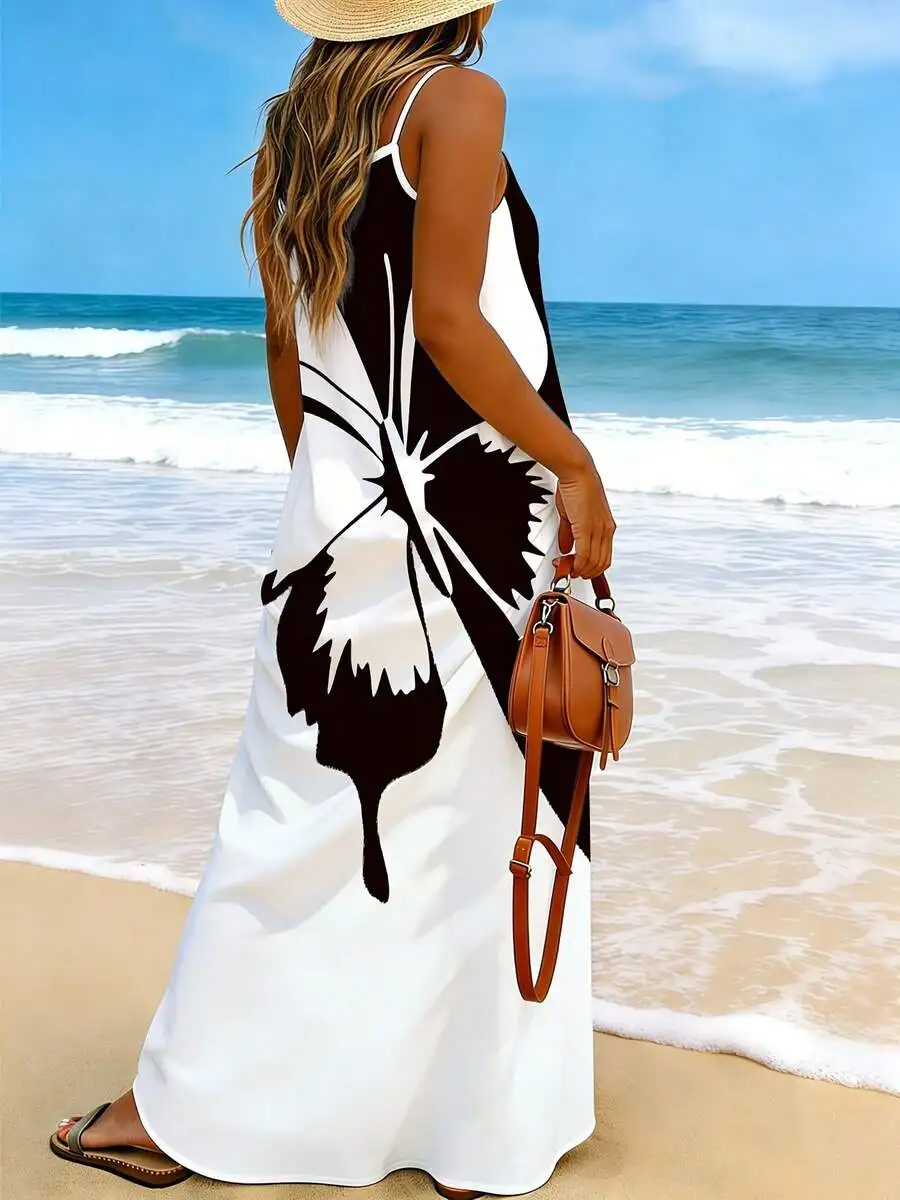 V Neck Sleeveless Maxi Dress With Bold Black White Floral Print For Beach Party
V Neck Sleeveless Maxi Dress With Bold Black White Floral Print For Beach Party