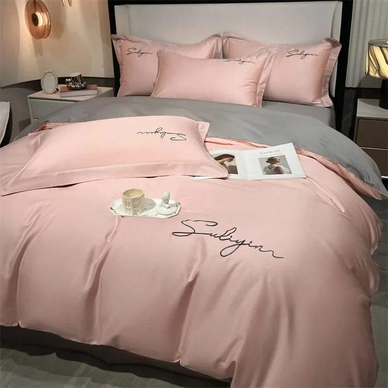 Simple solid color pure cotton embroidered four piece set, Japanese style cotton bed sheet, foreign trade double bedding
Simple solid color pure cotton embroidered four piece set, Japanese style cotton bed sheet, foreign trade double bedding