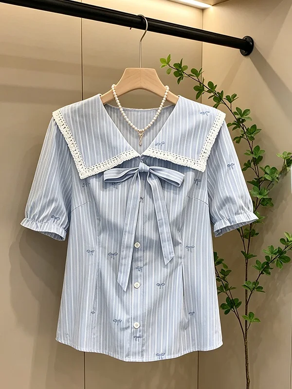 Summer New plus Size Women's Shirt Sweet Style Naval Collar Striped Embroidery Waist Cinching Knot Top Korean Style
Summer New plus Size Women's Shirt Sweet Style Naval Collar Striped Embroidery Waist Cinching Knot Top Korean Style