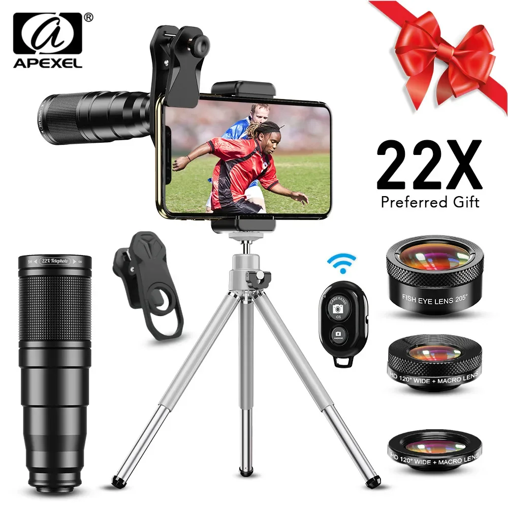 New 4in1 22X Telescope Zoom Lens Macro Wide Fisheye Lens HD Phone Camera Lens Kit With Remote Tripod For IPhone Samsung
New 4in1 22X Telescope Zoom Lens Macro Wide Fisheye Lens HD Phone Camera Lens Kit With Remote Tripod For IPhone Samsung