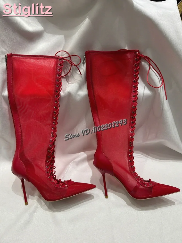 Sexy Mesh Stiletto Knee-high Boots Pointed Toe Cross-tied Breathable High Heels Boots Summer Fashion Women Sandals Shoes 2025
Sexy Mesh Stiletto Knee-high Boots Pointed Toe Cross-tied Breathable High Heels Boots Summer Fashion Women Sandals Shoes 2025