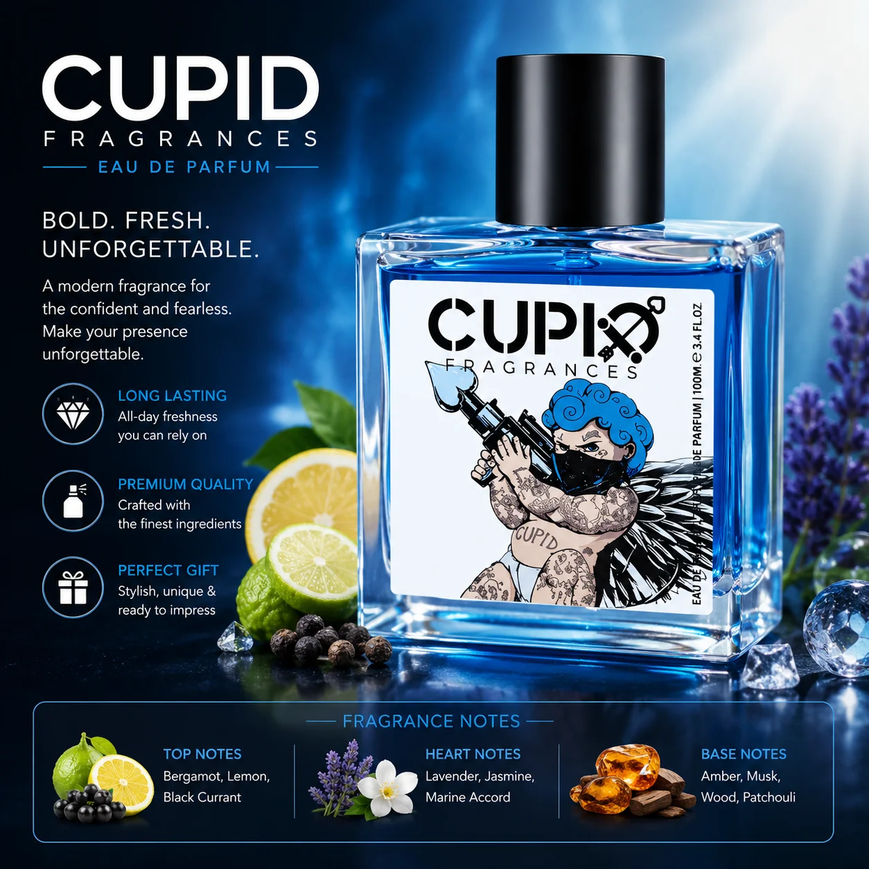 Cupid Fragrances Blue Perfume 100ml - Long Lasting Fresh Aquatic Scent - Romantic Love Theme Bottle - Unisex Cologne Gift For Him Her
Cupid Fragrances Blue Perfume 100ml - Long Lasting Fresh Aquatic Scent - Romantic Love Theme Bottle - Unisex Cologne Gift For Him Her