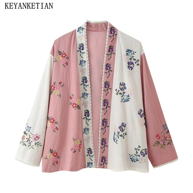 KEYANKETIAN, новая летняя женская куртка-кимоно в стиле тяжелой промышленности с цветочной вышивкой и цветными блоками, топ без пуговиц
KEYANKETIAN, новая летняя женская куртка-кимоно в стиле тяжелой промышленности с цветочной вышивкой и цветными блоками, топ без пуговиц