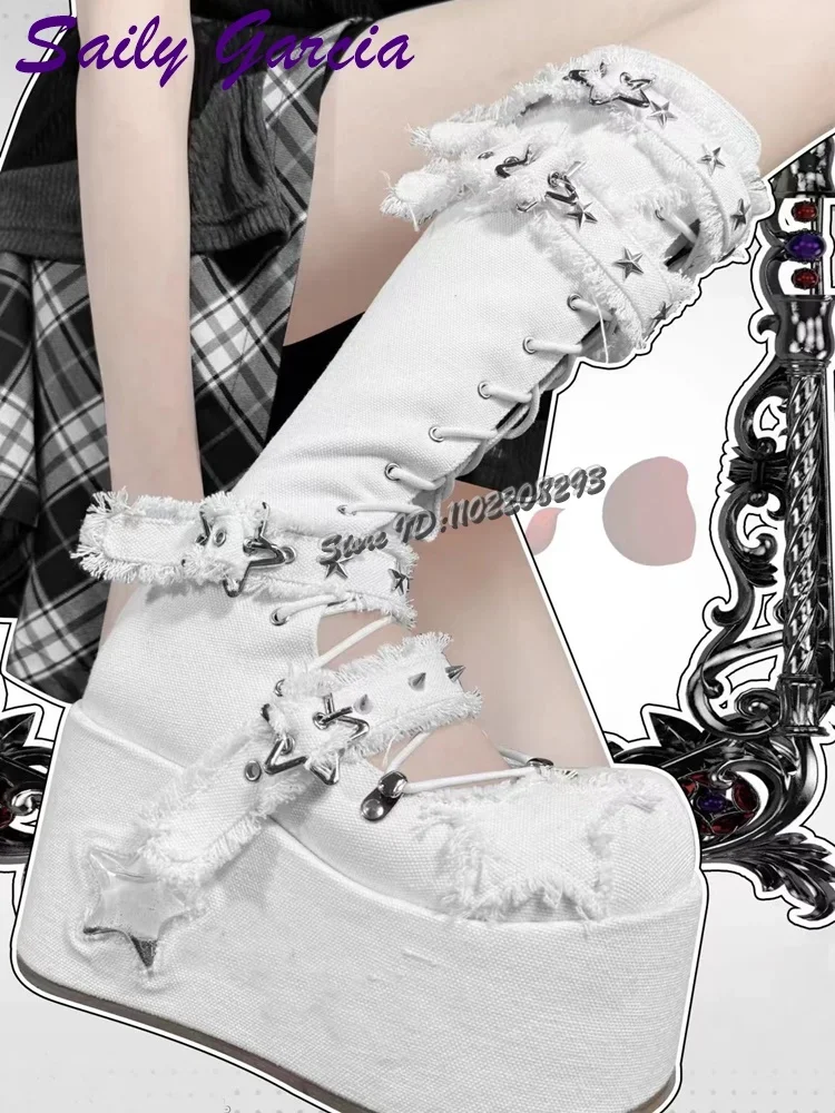 White Denim Round Toe Hollow Boots Punk Rivet Star Buckle Straps Knee-high Boots Cross-tied Platform Women Shoes 2025 Summer
White Denim Round Toe Hollow Boots Punk Rivet Star Buckle Straps Knee-high Boots Cross-tied Platform Women Shoes 2025 Summer