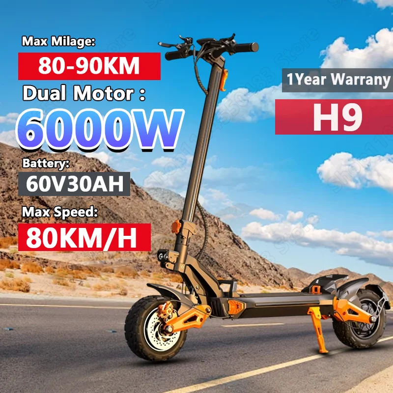 Электрические скутеры H9 6000 Вт, двойной двигатель 60 в 30 Ач, двойная подвеска, передняя и задняя электрические скутеры, 11-дюймовые шины для бездорожья, скутеры
Электрические скутеры H9 6000 Вт, двойной двигатель 60 в 30 Ач, двойная подвеска, передняя и задняя электрические скутеры, 11-дюймовые шины для бездорожья, скутеры