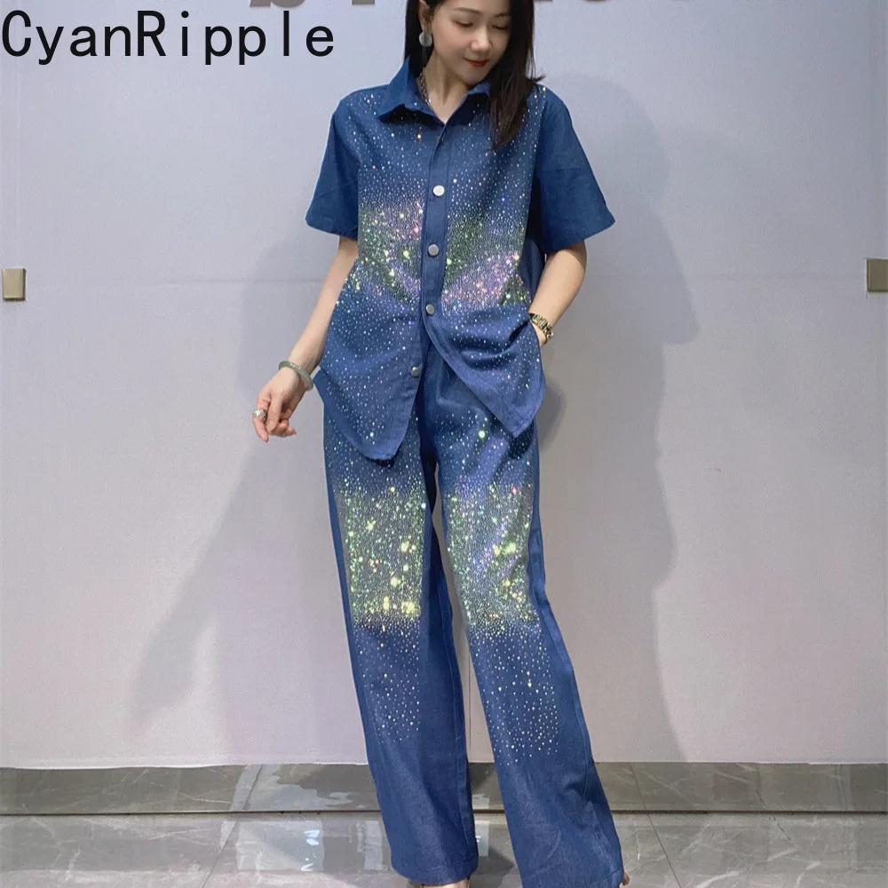 New Spring Summer Women Denim Sets Shiny Hot Diamonds Short Sleeve Loose Cardigans Top + Elastic Waist Wide Leg Straight Jeans
New Spring Summer Women Denim Sets Shiny Hot Diamonds Short Sleeve Loose Cardigans Top + Elastic Waist Wide Leg Straight Jeans