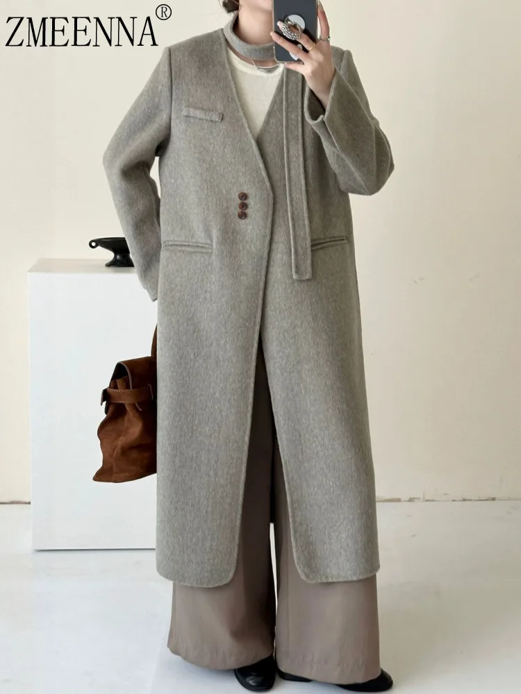 ZMEENNA Women's Maxi Coat Elegant Collarless Long Jacket V-Neck And Button Closure Gray Outerwear With Side Tie ZM3640
ZMEENNA Women's Maxi Coat Elegant Collarless Long Jacket V-Neck And Button Closure Gray Outerwear With Side Tie ZM3640
