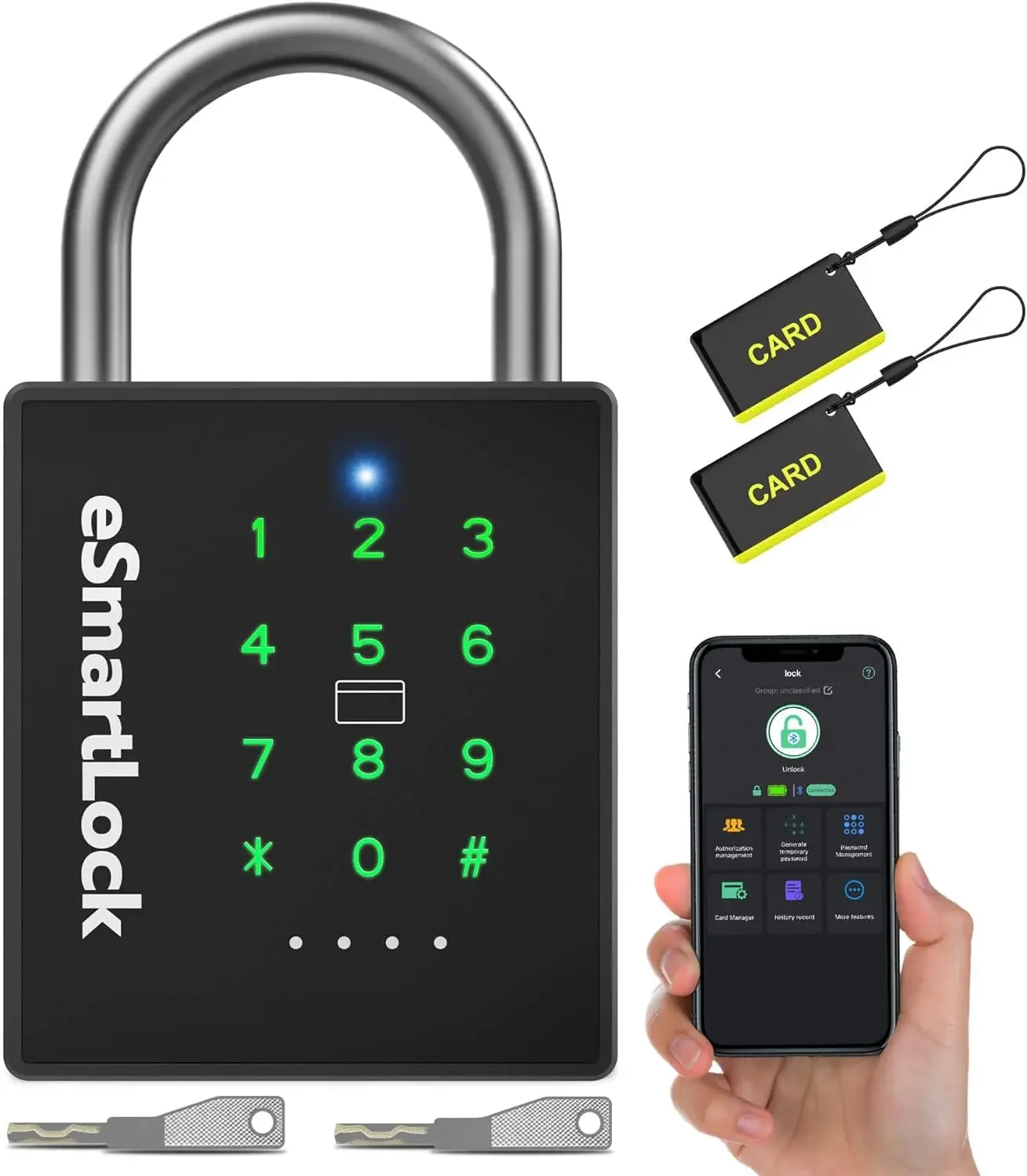 Heavy Duty Smart Padlock with Key, Pad Lock with Code Keypad, Weatherproof Bluetooth
Heavy Duty Smart Padlock with Key, Pad Lock with Code Keypad, Weatherproof Bluetooth