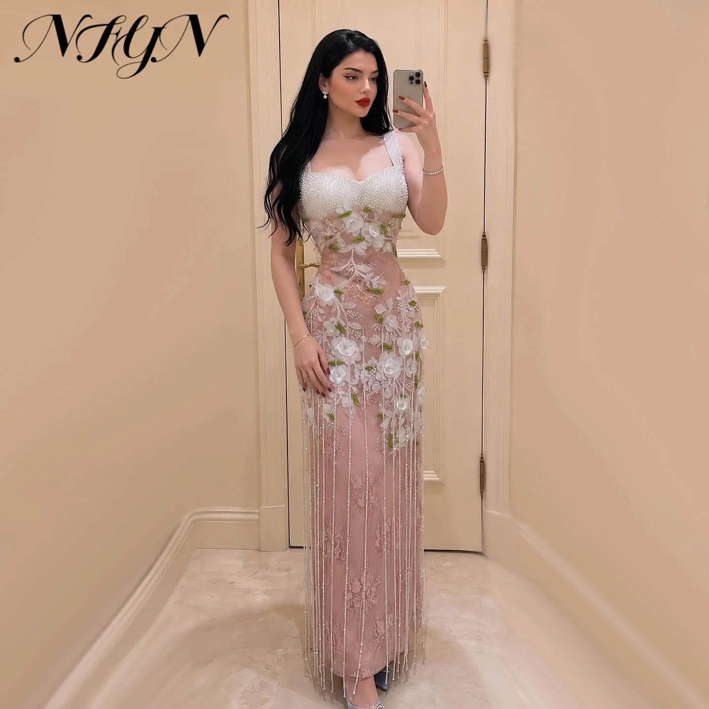 NFYN Pink Spaghetti Strap Mermaid Prom Dress Pearl Beaded Evening Dress With Floral Lace Applique Tassel Party Dress Customized
NFYN Pink Spaghetti Strap Mermaid Prom Dress Pearl Beaded Evening Dress With Floral Lace Applique Tassel Party Dress Customized