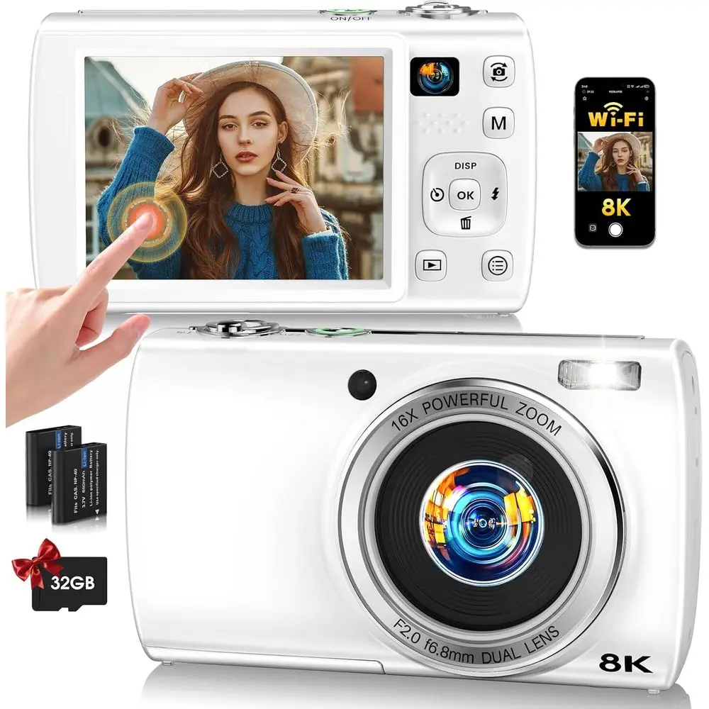 2026 Model 8K Vlogging Camera with Touch Screen, Dual Lenses, Auto-Stabilization, 16x Zoom, Compact for Travel, 32GB Card, 2 Bat
2026 Model 8K Vlogging Camera with Touch Screen, Dual Lenses, Auto-Stabilization, 16x Zoom, Compact for Travel, 32GB Card, 2 Bat