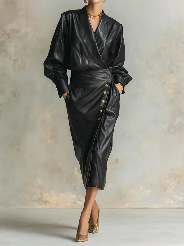 Freeavy Women's PU Leather Long Sleeves Dres V-neck High Waist A-line Pleated Midi Dress 2025 Fall Stylish Trench Coats
Freeavy Women's PU Leather Long Sleeves Dres V-neck High Waist A-line Pleated Midi Dress 2025 Fall Stylish Trench Coats