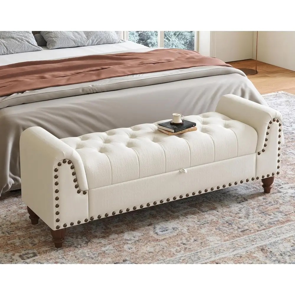 59 Inch Upholstered Storage Bench with Rolled Arm, White Ottoman for Bedroom or Living Room
59 Inch Upholstered Storage Bench with Rolled Arm, White Ottoman for Bedroom or Living Room