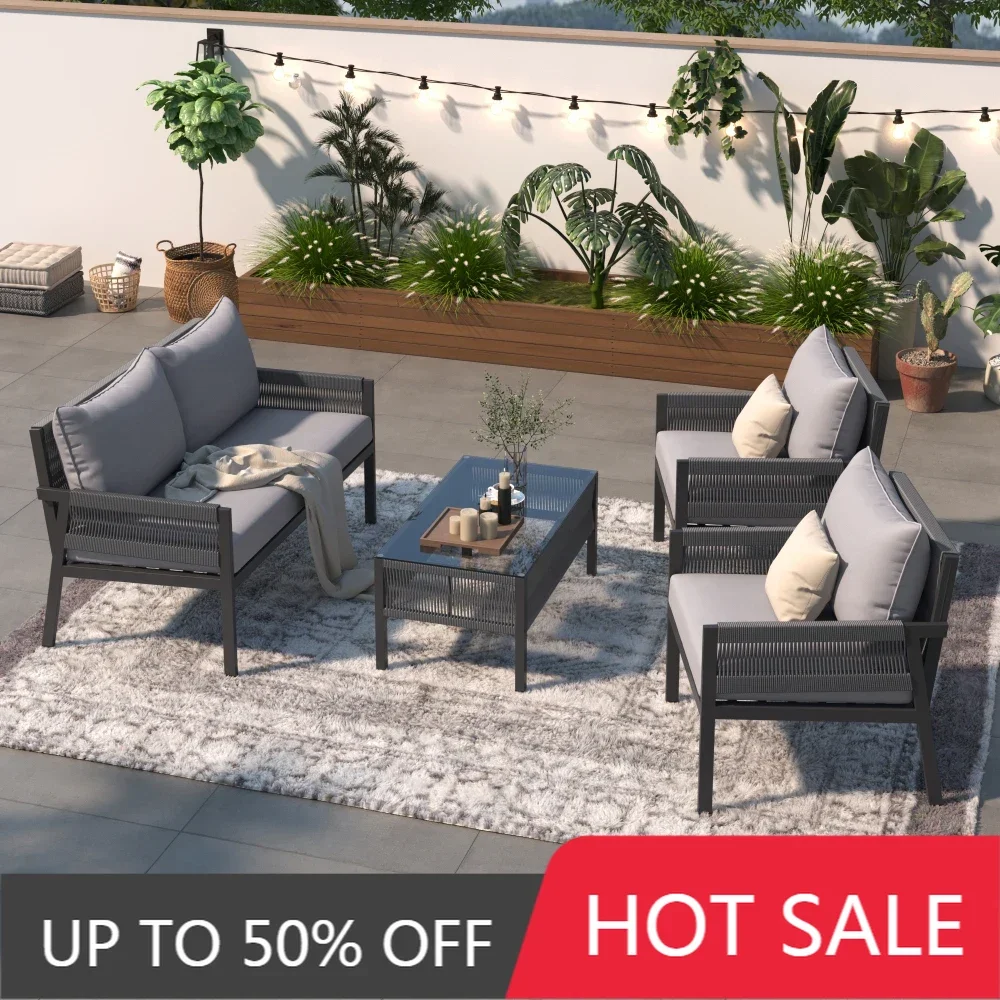 4-Piece Rope Patio Furniture Set,PP Rope Chairs Garden Backyard Balcony Porch Poolside loveseat with Soft Cushion and GlassTable
4-Piece Rope Patio Furniture Set,PP Rope Chairs Garden Backyard Balcony Porch Poolside loveseat with Soft Cushion and GlassTable
