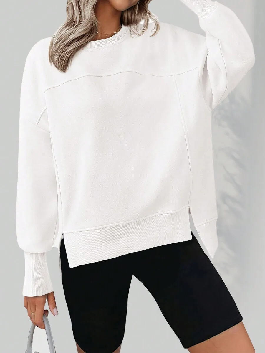 Women's White Casual Round Neck Long Sleeve Sweatshirt with Side Slit, Loose Fit for Autumn Winter
Women's White Casual Round Neck Long Sleeve Sweatshirt with Side Slit, Loose Fit for Autumn Winter