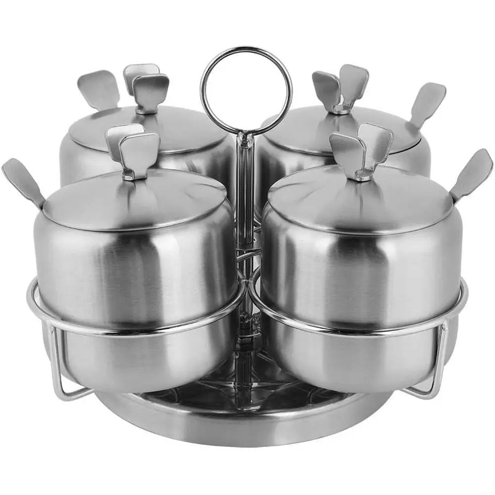 Rotatable 4-Piece Stainless Steel Seasoning Set with Tins and Spoons for Spices, Salt, Pepper, Sugar
Rotatable 4-Piece Stainless Steel Seasoning Set with Tins and Spoons for Spices, Salt, Pepper, Sugar