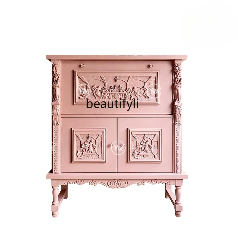 Vintage carved chest cabinet French locker light luxury pink wall balcony side cabinet
Vintage carved chest cabinet French locker light luxury pink wall balcony side cabinet