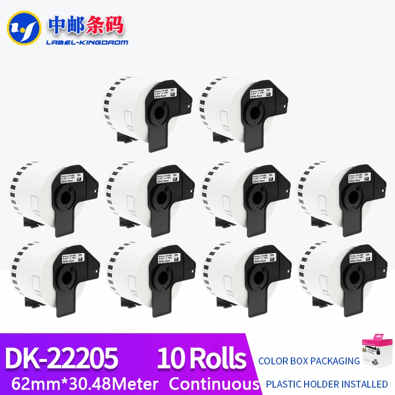 10Rolls Compatible DK-22205 Label 62mm*30.48M Continuous For Brother QL-570/700/800/1060/1100 Printer All Include Plastic Holder
10Rolls Compatible DK-22205 Label 62mm*30.48M Continuous For Brother QL-570/700/800/1060/1100 Printer All Include Plastic Holder