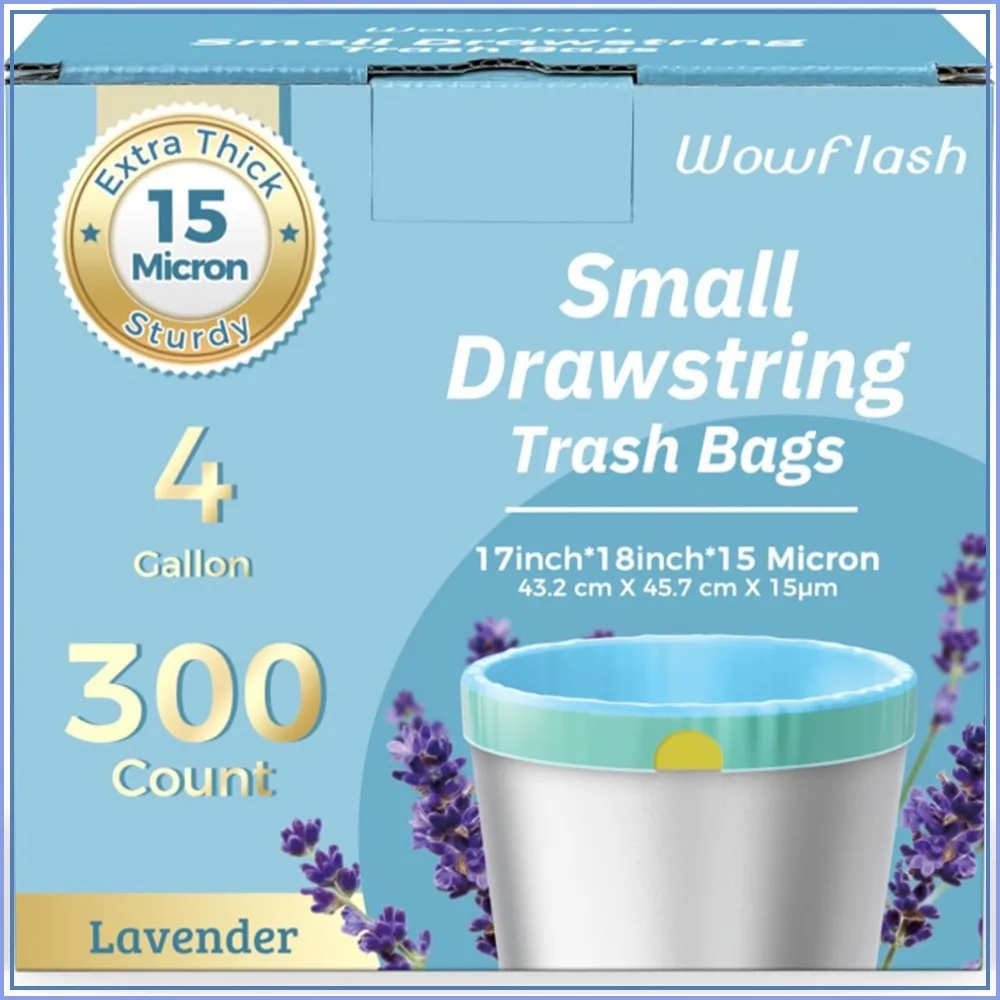 300 Count 15 Micron Extra Thick 4 Gallon Drawstring Small Trash Bags, Sturdy & Tear-Resistant for Bathroom, Office, Bedroom & Kitchen
300 Count 15 Micron Extra Thick 4 Gallon Drawstring Small Trash Bags, Sturdy & Tear-Resistant for Bathroom, Office, Bedroom & Kitchen