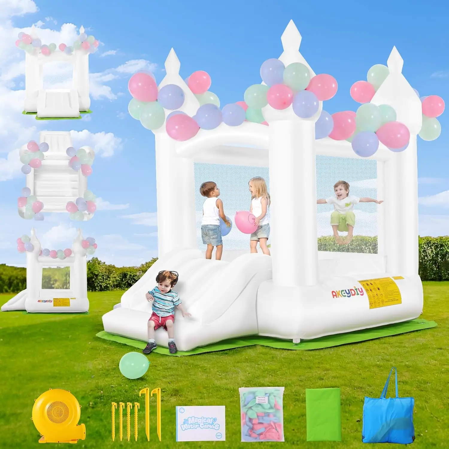 White Inflatable Bounce Castle with Slide for Kids Birthday Parties, Indoor/Outdoor Use, Includes Air Blower, 108 Balloons & Floor Mat, 101"x70"x95" Bouncy House
White Inflatable Bounce Castle with Slide for Kids Birthday Parties, Indoor/Outdoor Use, Includes Air Blower, 108 Balloons & Floor Mat, 101"x70"x95" Bouncy House